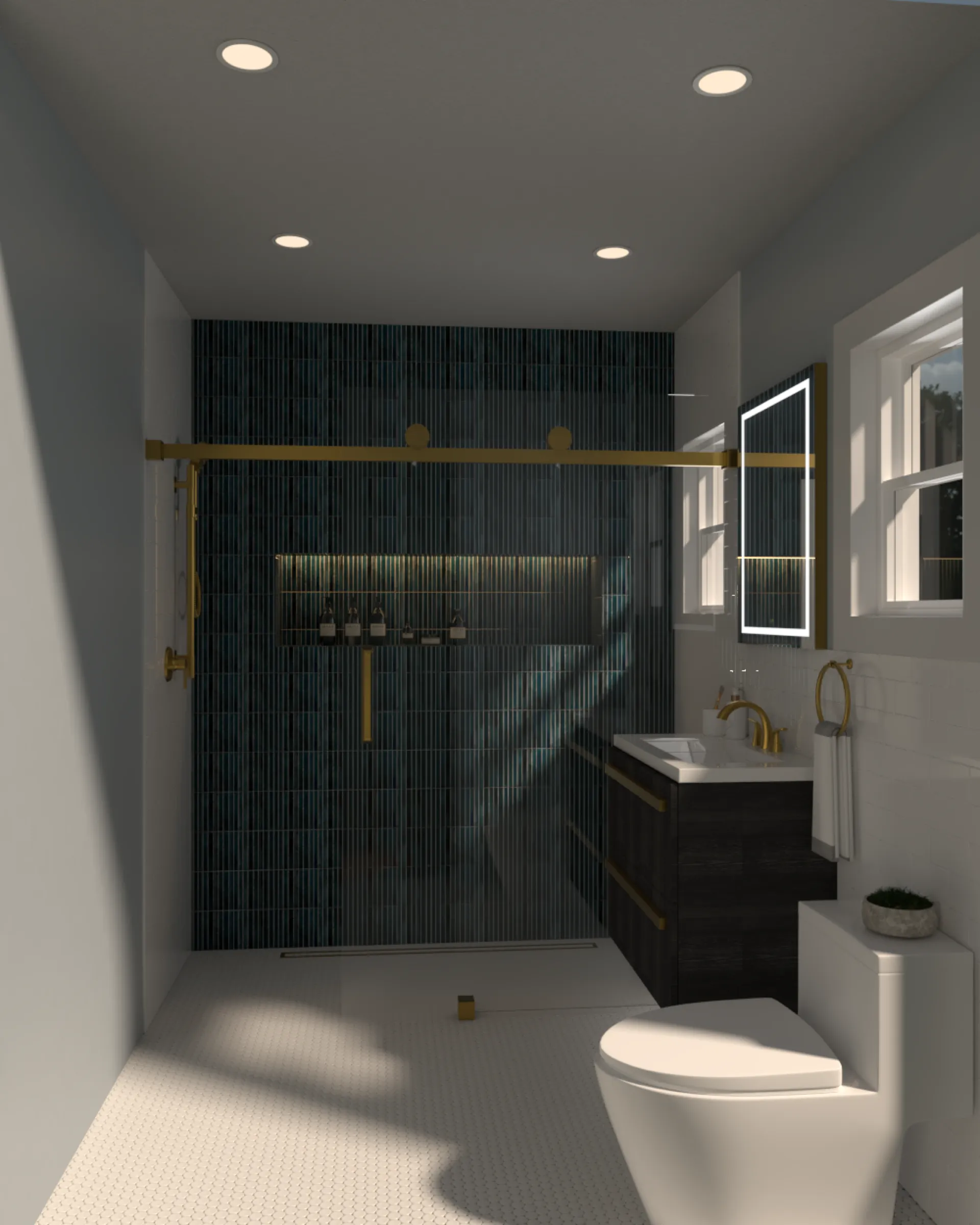 3D visualization of a modern beige spa bathroom with natural stone finishes