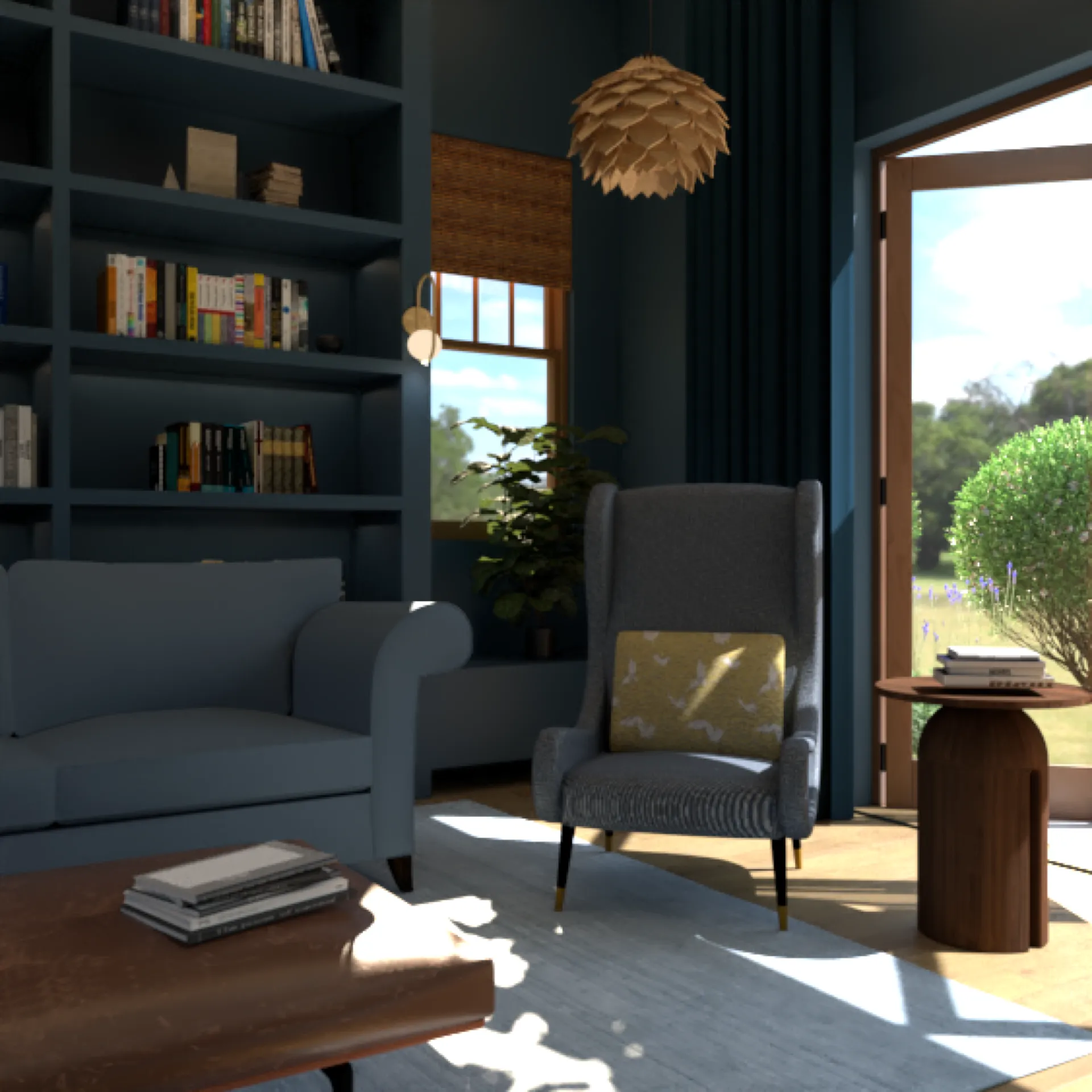 Photorealistic 3D rendering of a luxury blue marble bathroom with gold fixtures