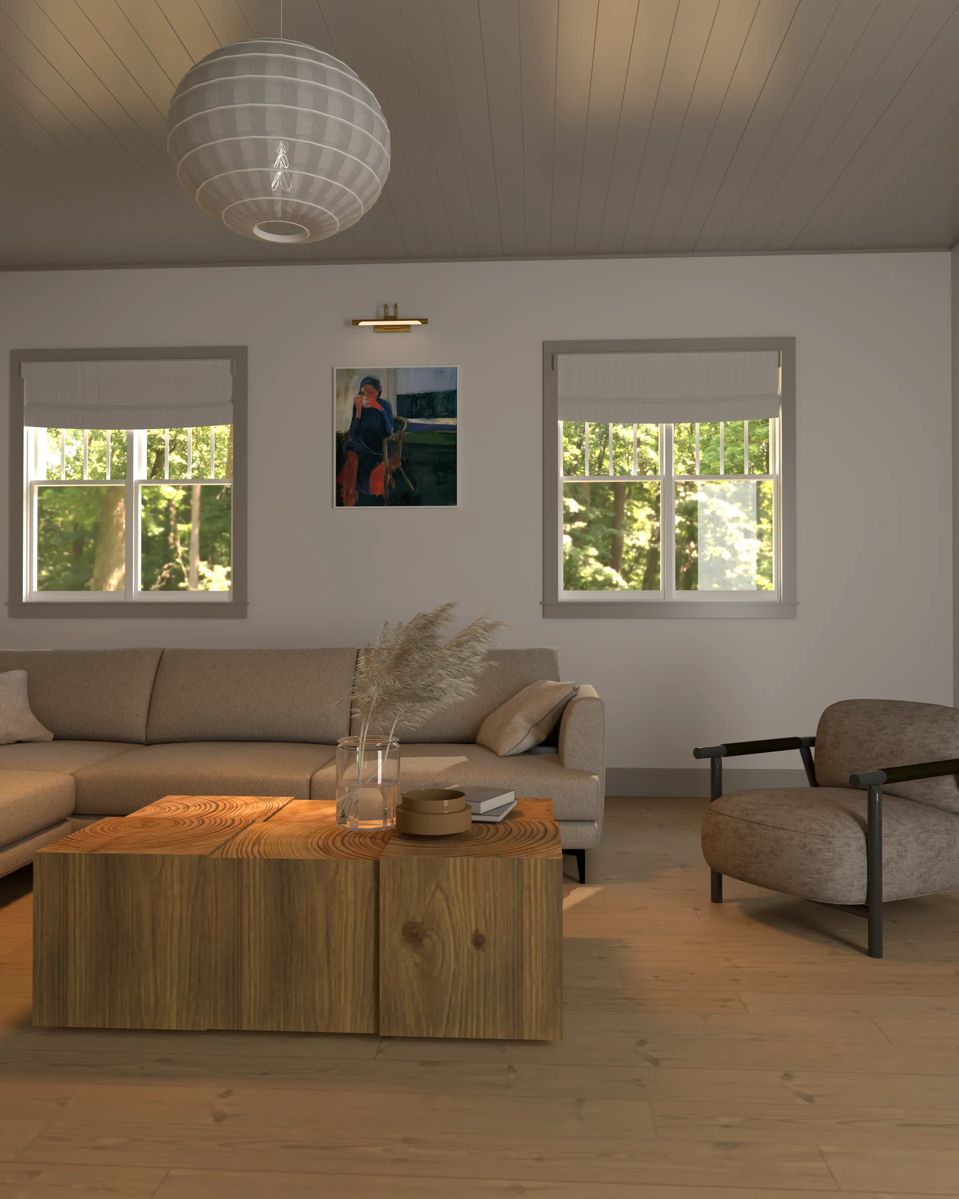 3D interior rendering of a warm farmhouse living room with exposed beams