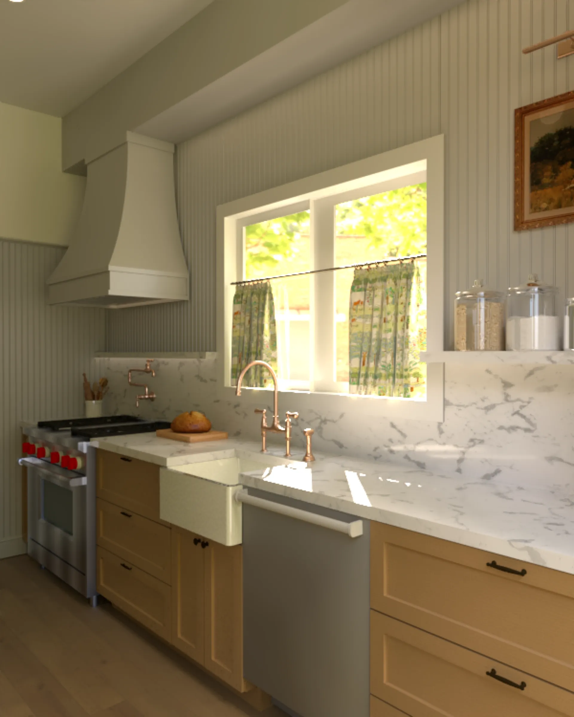 Photorealistic 3D rendering of a farmhouse-style kitchen with white cabinetry